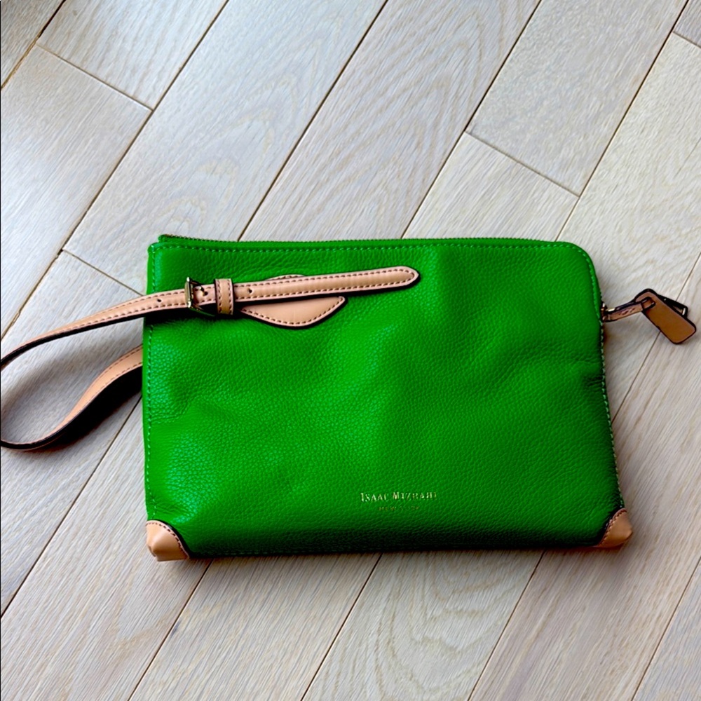 Isaac Mizrahi Green and Tan Clutch Wristlet